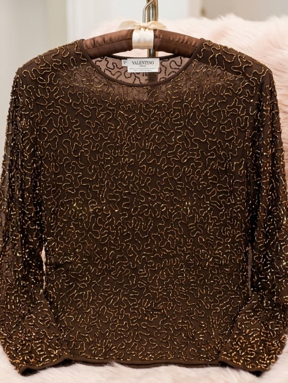 VALENTINO Miss V Beaded Mesh Top - XL - Made in Italy - Brown/Bronze VINTAGE